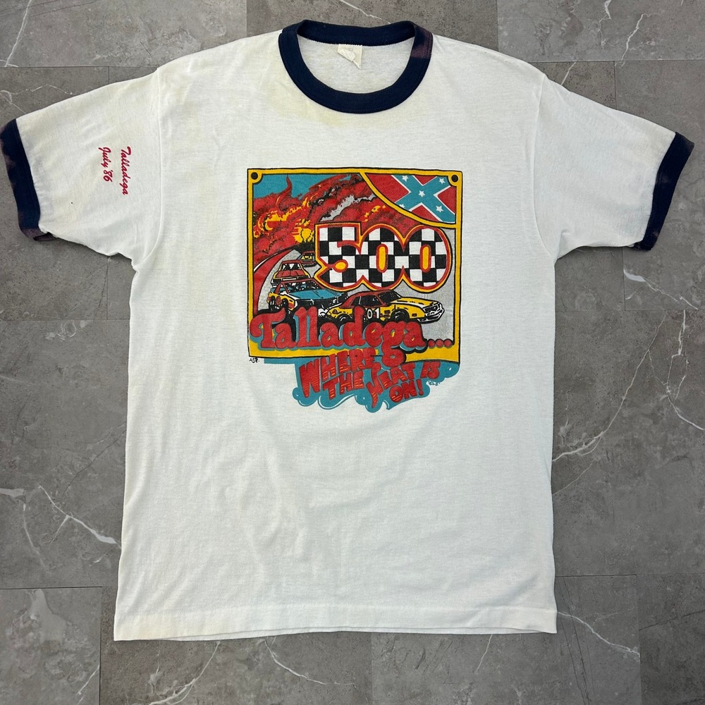 80s Vintage Talladega Graphic Ringer Tee Mens XL Nascar Racing The Heat Is On